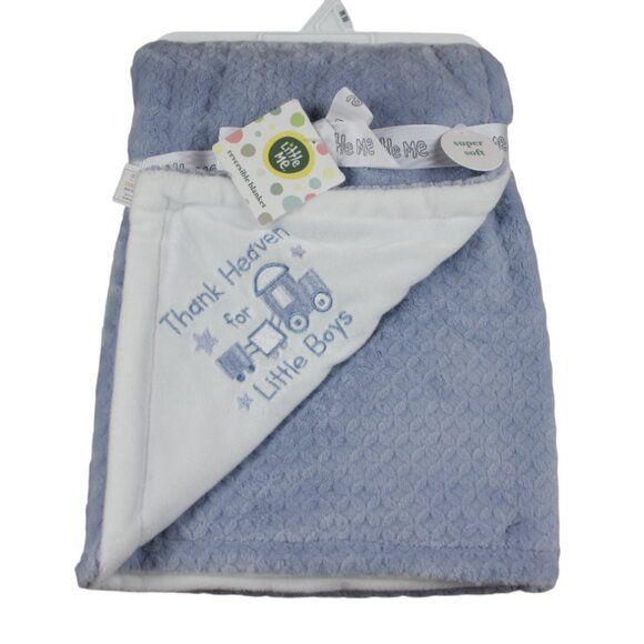 Little Me Other - Little Me Baby Blanket Thank Heaven For Little Boys Blue Train White NWT RARE